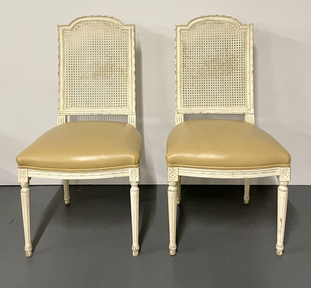 Six Louis XVI Style Wood Carved Painted Dining Chairs, Cane Back, Leather