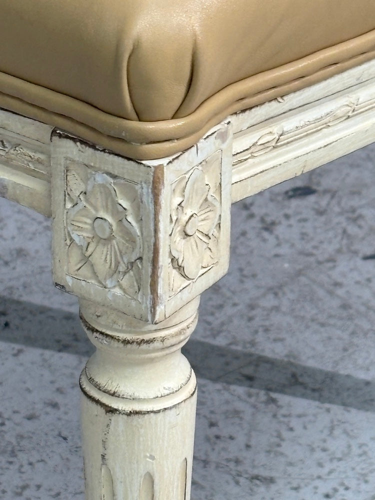 Six Louis XVI Style Wood Carved Painted Dining Chairs, Cane Back, Leather
