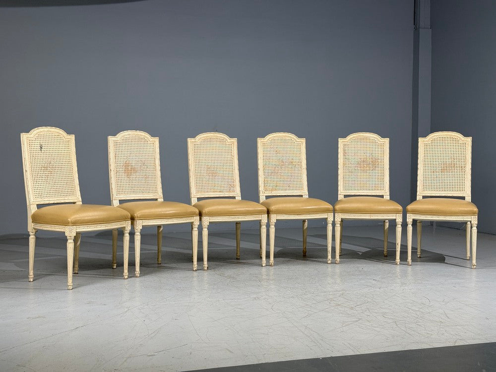 Six Louis XVI Style Wood Carved Painted Dining Chairs, Cane Back, Leather