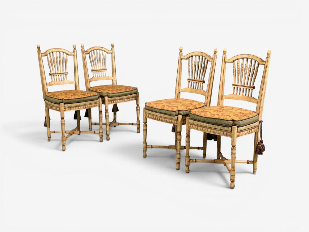 Regency, Four Dining Chairs, Painted Wood, Straw, Fabric, USA, 1940s