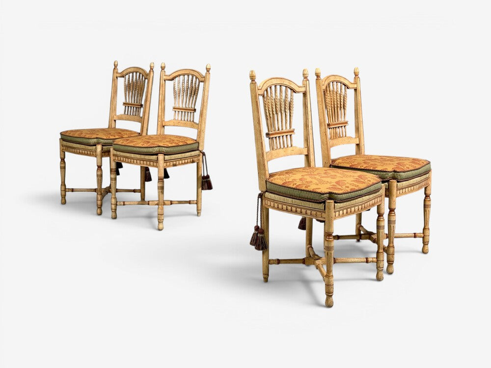 Regency, Four Dining Chairs, Painted Wood, Straw, Fabric, USA, 1940s