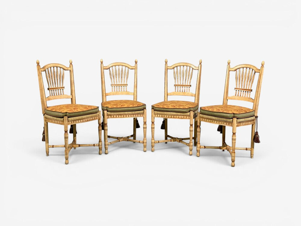 Regency, Four Dining Chairs, Painted Wood, Straw, Fabric, USA, 1940s