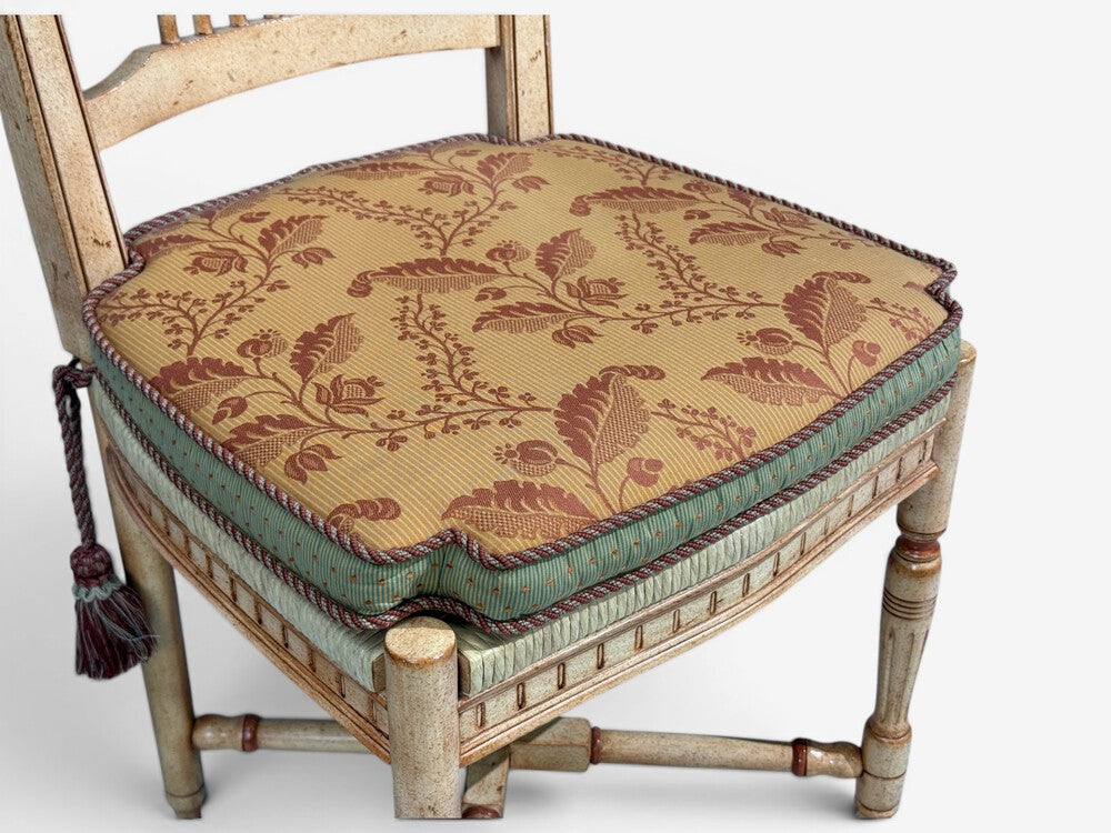 Regency, Four Dining Chairs, Painted Wood, Straw, Fabric, USA, 1940s
