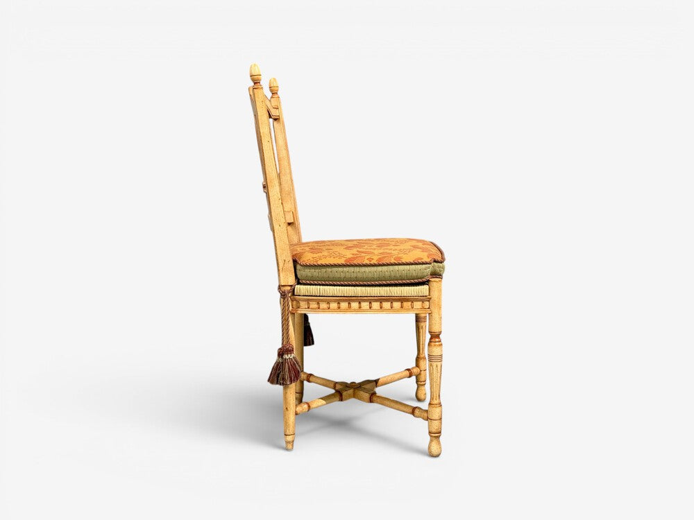 Regency, Four Dining Chairs, Painted Wood, Straw, Fabric, USA, 1940s
