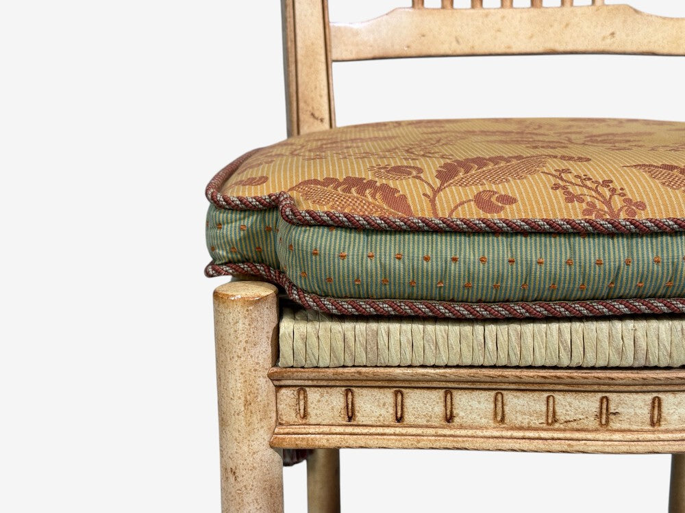 Regency, Four Dining Chairs, Painted Wood, Straw, Fabric, USA, 1940s