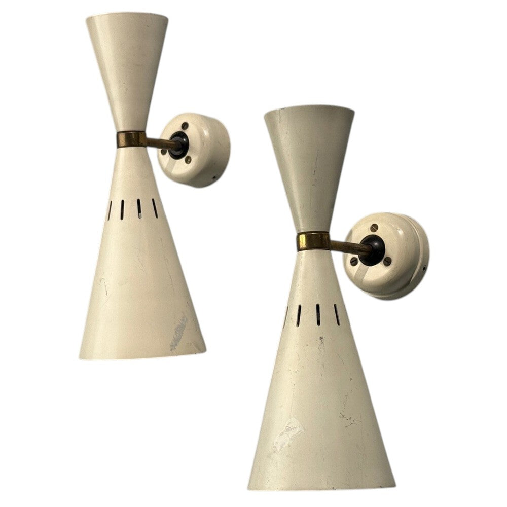 Italian Modern, White Lacquered Metal, Brass, Wall Sconces, Italy, 1960s