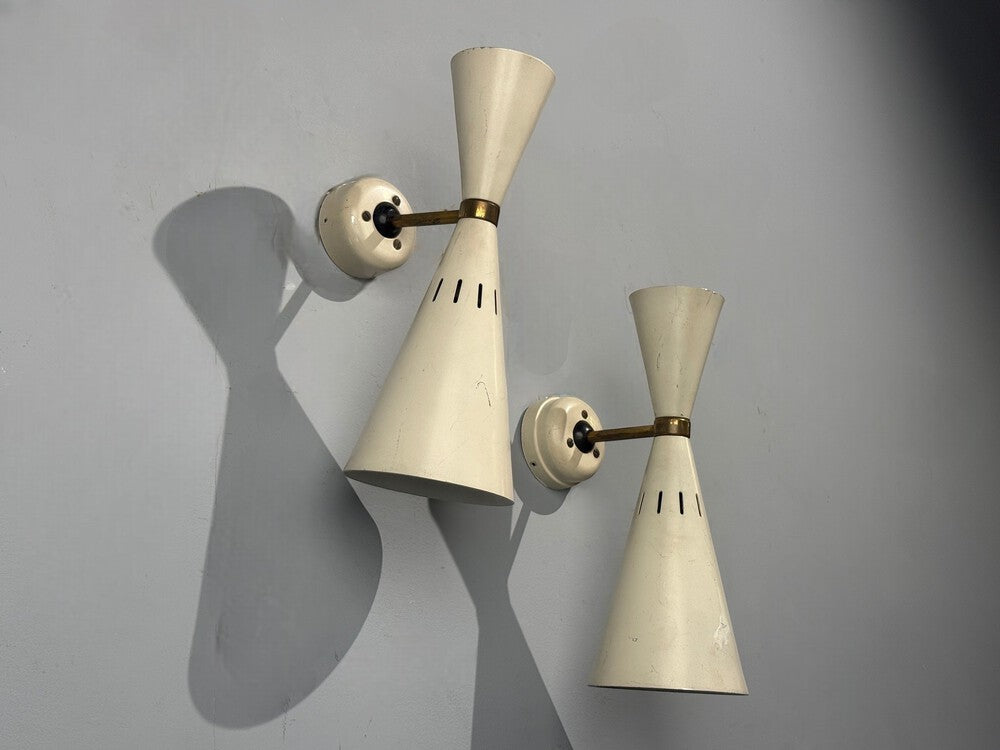 Italian Modern, White Lacquered Metal, Brass, Wall Sconces, Italy, 1960s