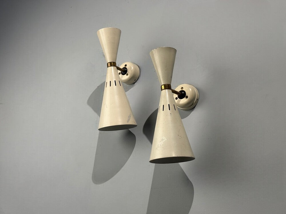 Italian Modern, White Lacquered Metal, Brass, Wall Sconces, Italy, 1960s