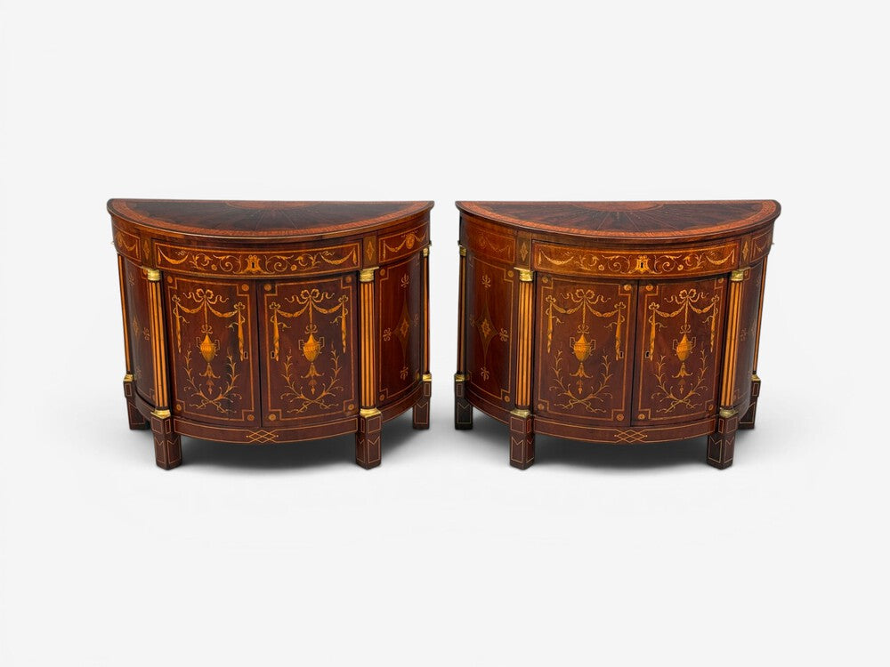 1830s French Neoclassical, Demi Lune Cabinets, Bronze, Satinwood Inlay