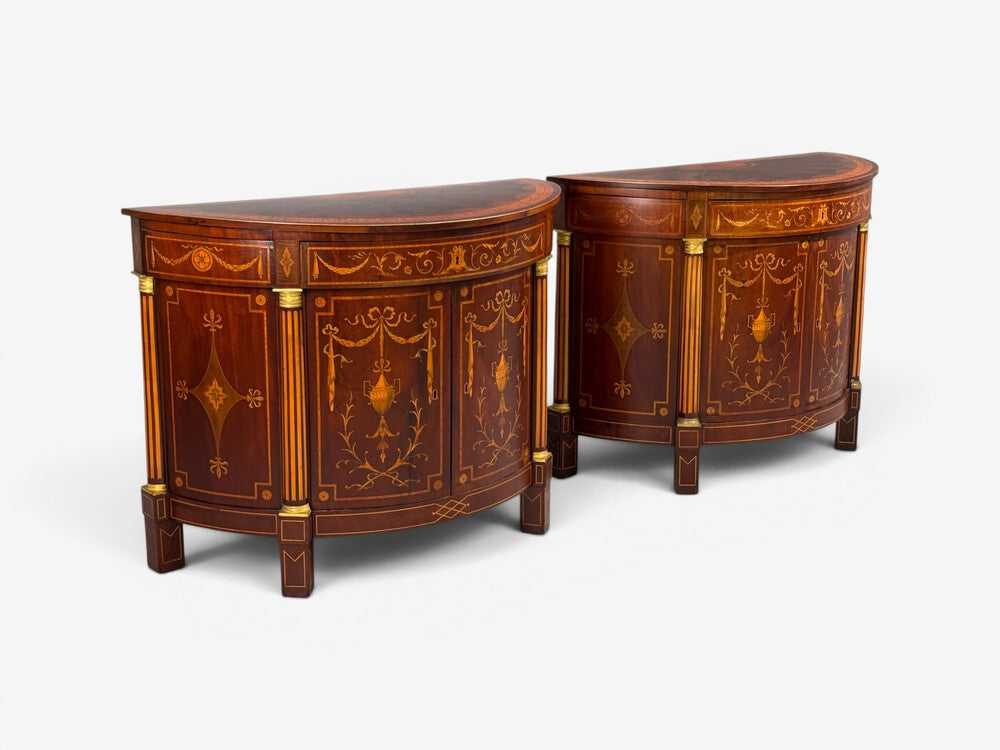 1830s French Neoclassical, Demi Lune Cabinets, Bronze, Satinwood Inlay