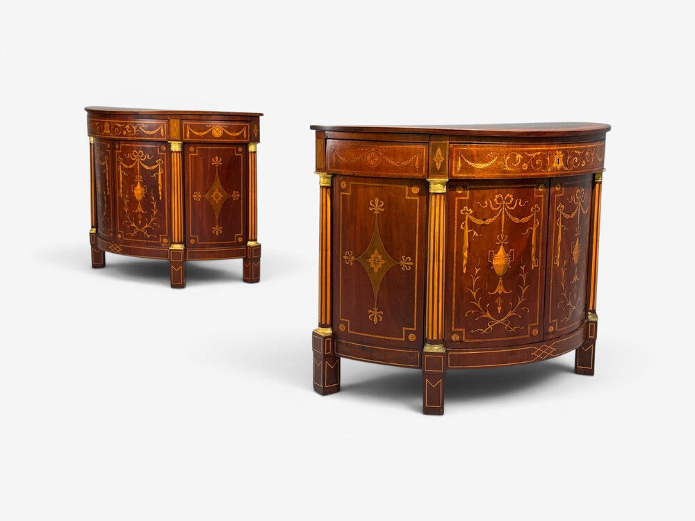 1830s French Neoclassical, Demi Lune Cabinets, Bronze, Satinwood Inlay