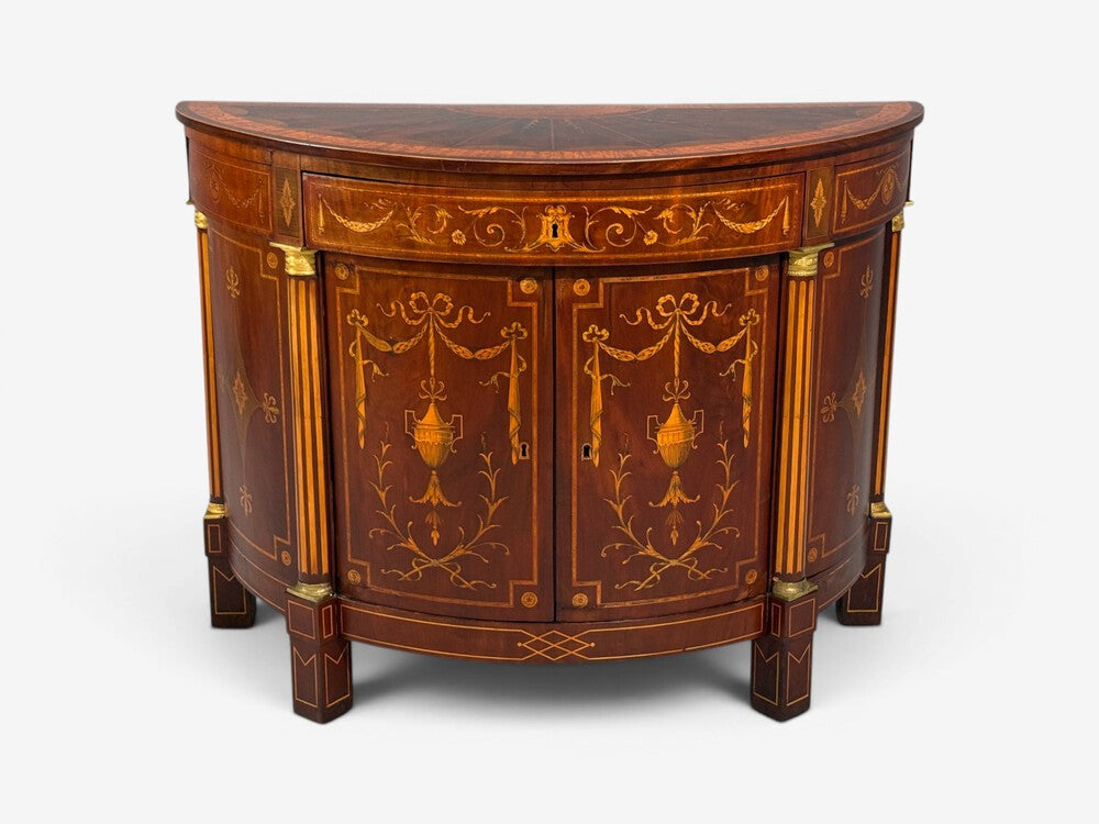 1830s French Neoclassical, Demi Lune Cabinets, Bronze, Satinwood Inlay