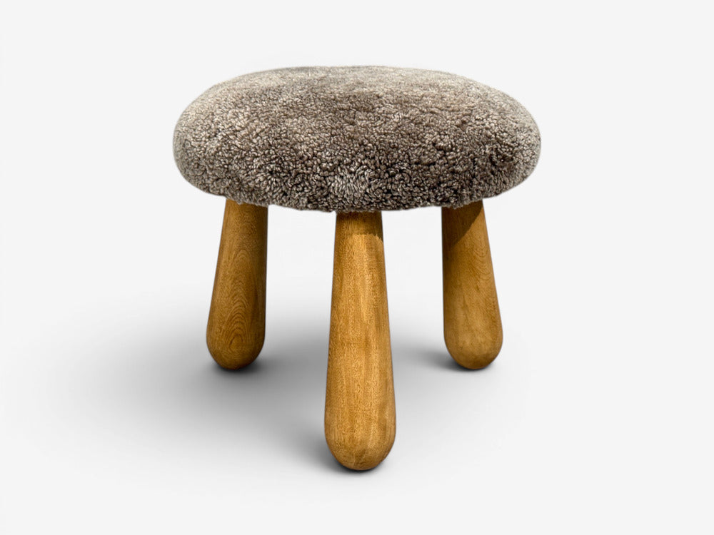 Danish Modern Style, Gray Sheepskin, Maple, Shearling Footstools, 21st c.