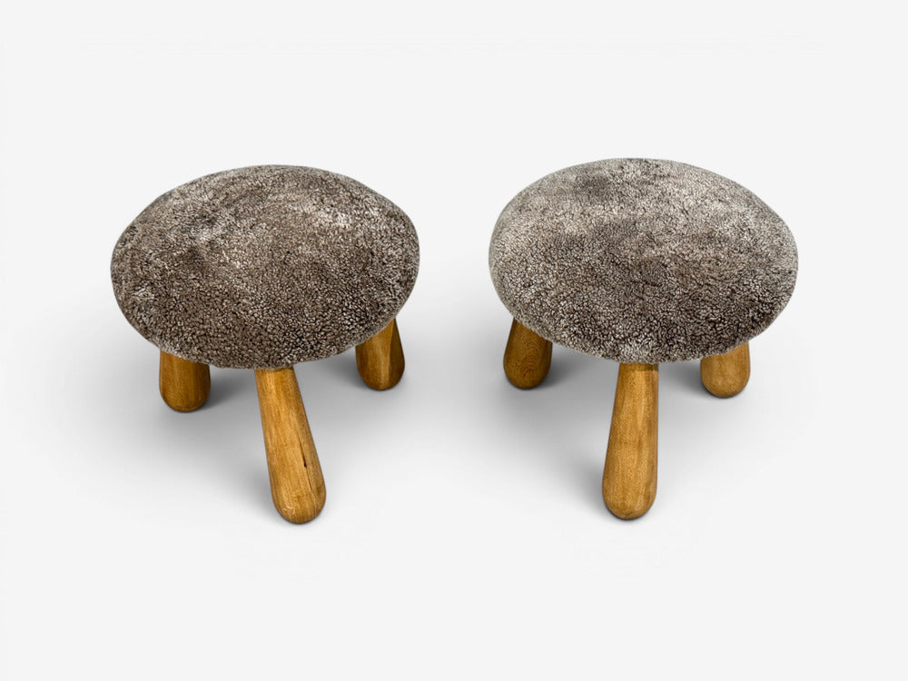 Danish Modern Style, Gray Sheepskin, Maple, Shearling Footstools, 21st c.