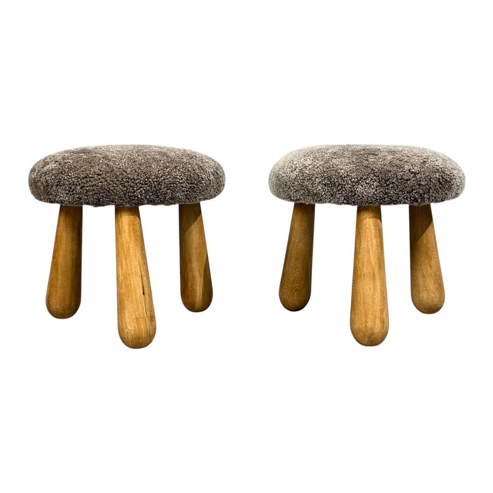 Danish Modern Style, Gray Sheepskin, Maple, Shearling Footstools, 21st c.