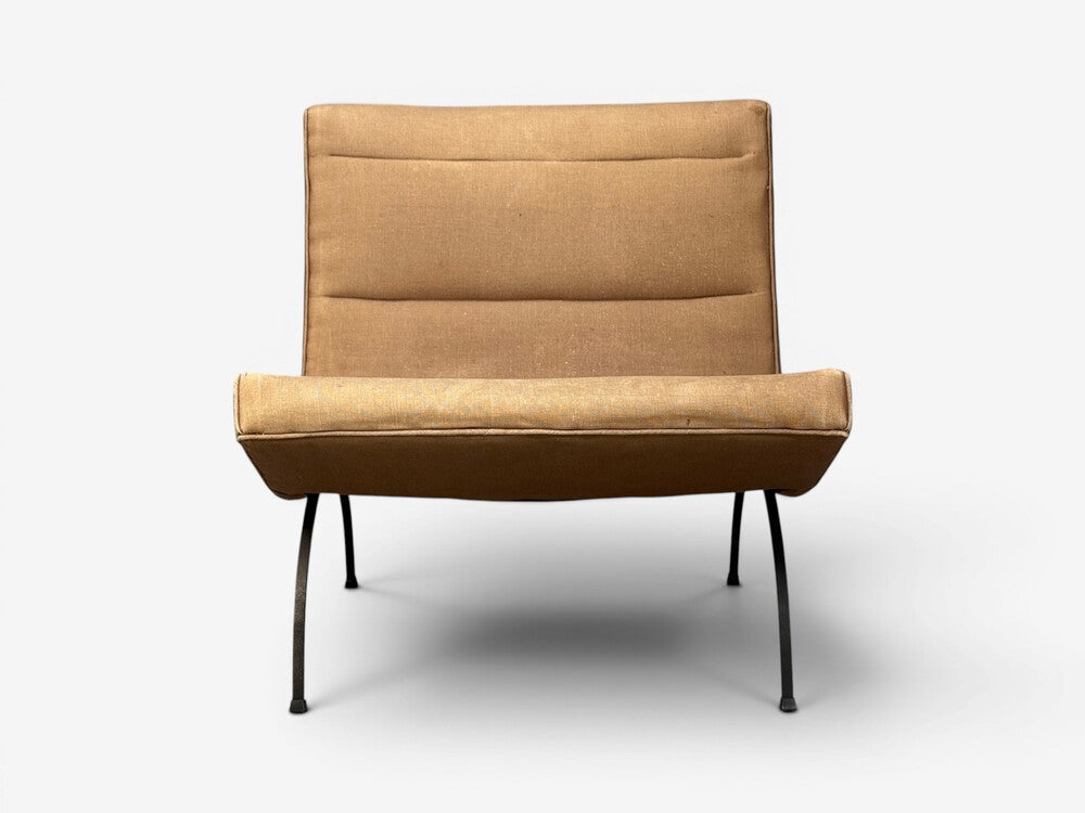 Milo Baughman, Scoop Lounge Chair, Iron, Brown Fabric, USA, 1950s