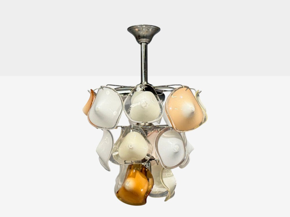 Mid-Century Modern, Orange and White Murano Glass, Chrome, Pendant Light, 1960s
