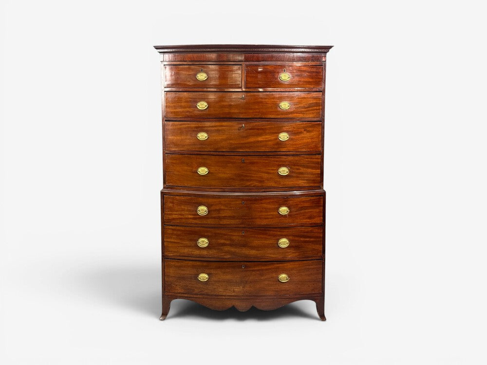 Georgian, Bow-Front Chest on Chest, Mahogany, Brass, England, 19th c.