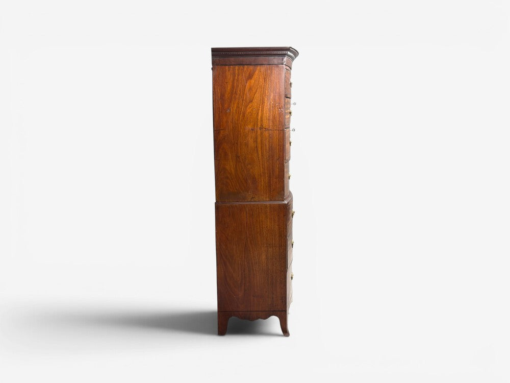 Georgian, Bow-Front Chest on Chest, Mahogany, Brass, England, 19th c.