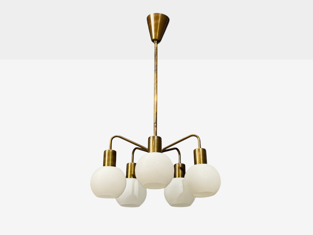 Danish Modern, Pendant Light, Brass, Opal Glass, Denmark, 1970s