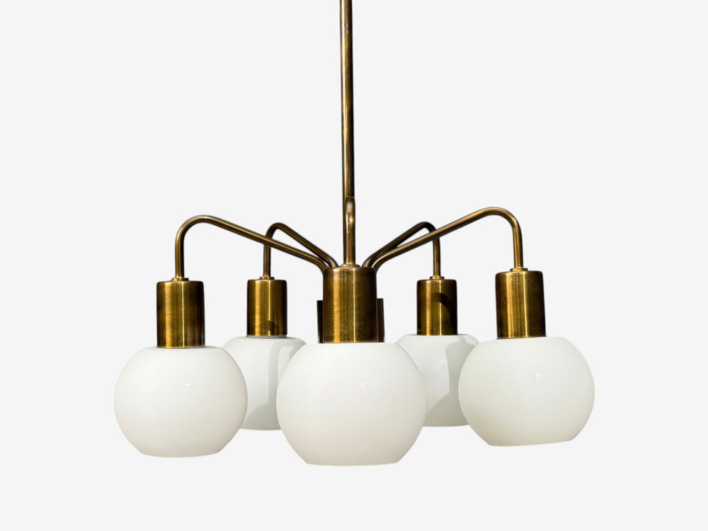Danish Modern, Pendant Light, Brass, Opal Glass, Denmark, 1970s