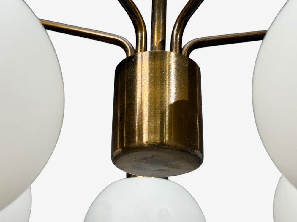 Danish Modern, Pendant Light, Brass, Opal Glass, Denmark, 1970s