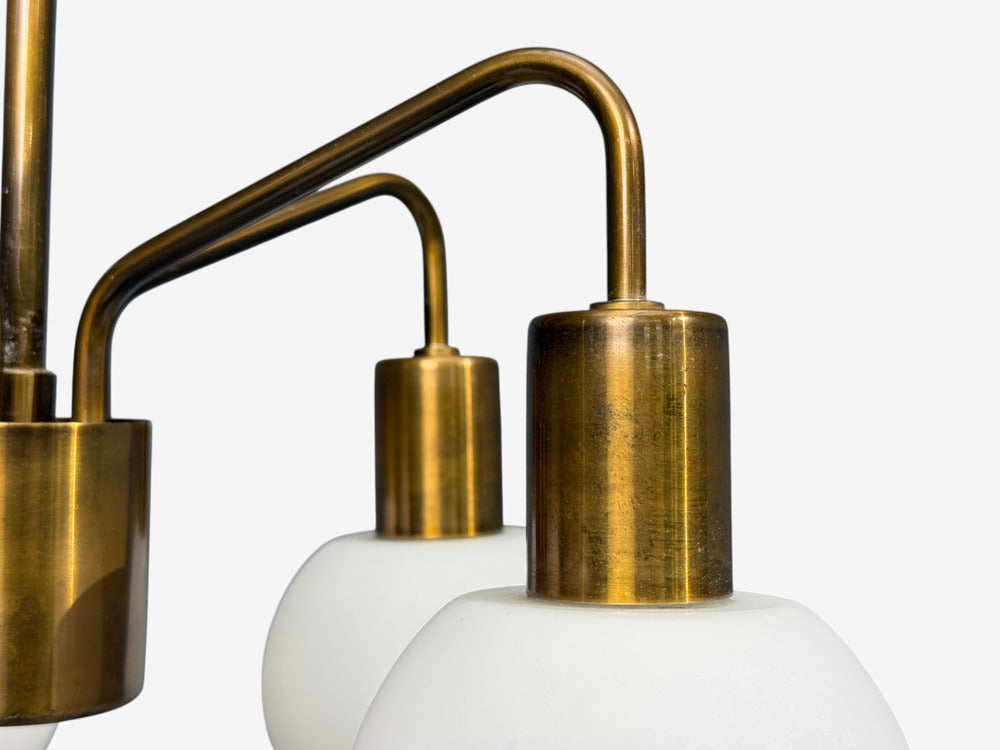 Danish Modern, Pendant Light, Brass, Opal Glass, Denmark, 1970s