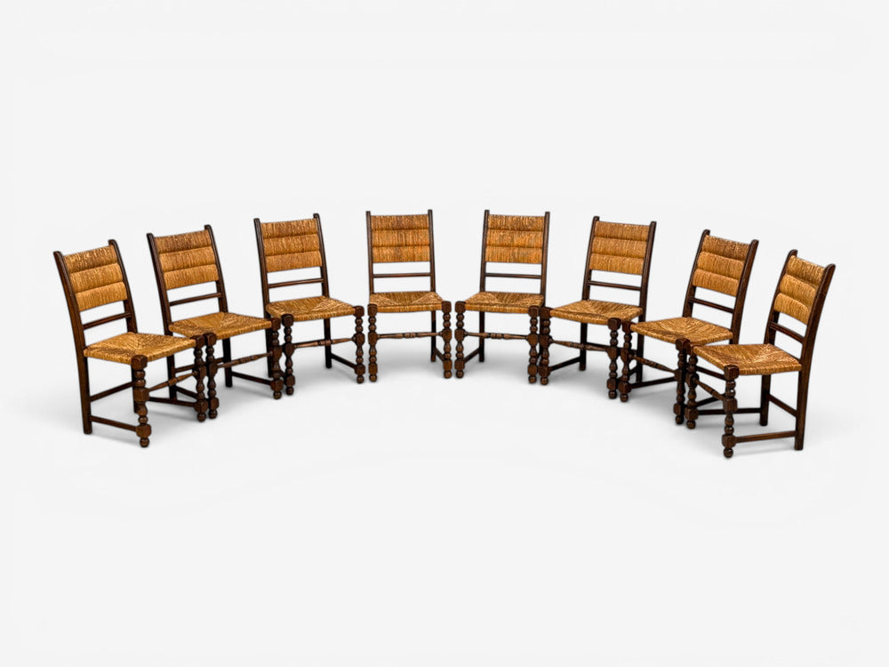 Charles Dudouyt Style, Eight Rustic Dining Chairs, Oak, Rush, France, 1940s