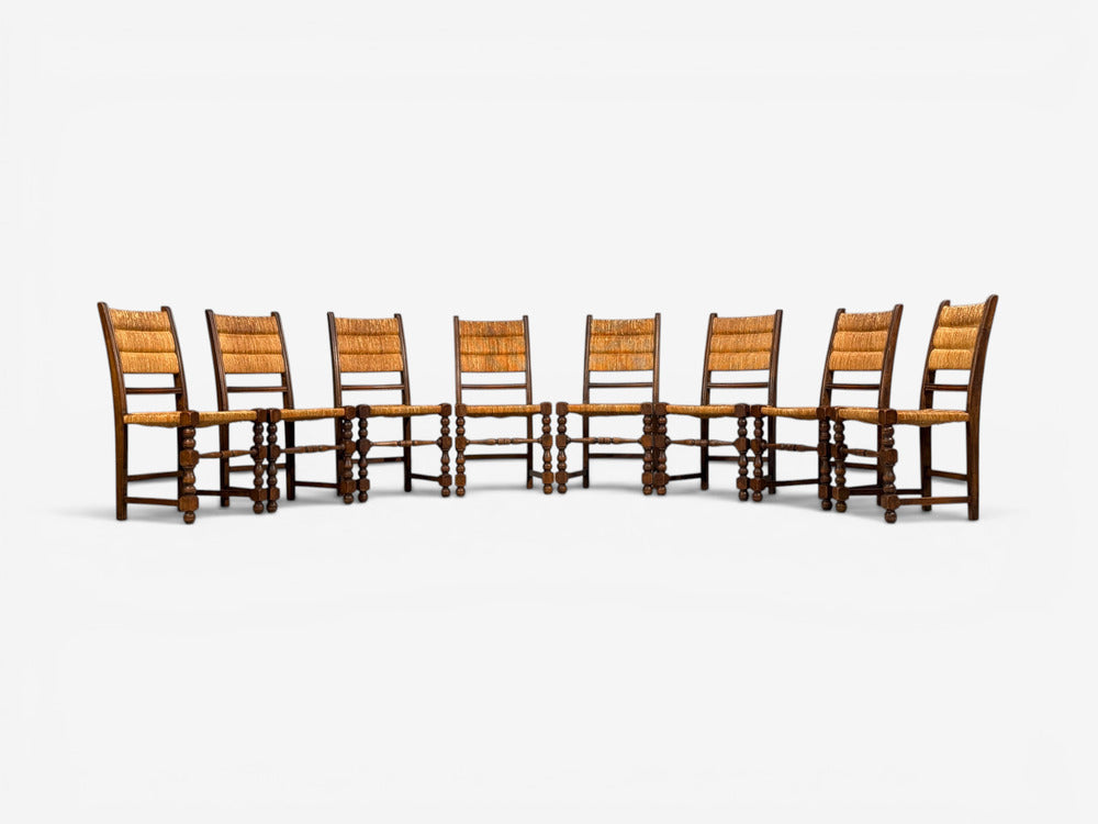 Charles Dudouyt Style, Eight Rustic Dining Chairs, Oak, Rush, France, 1940s