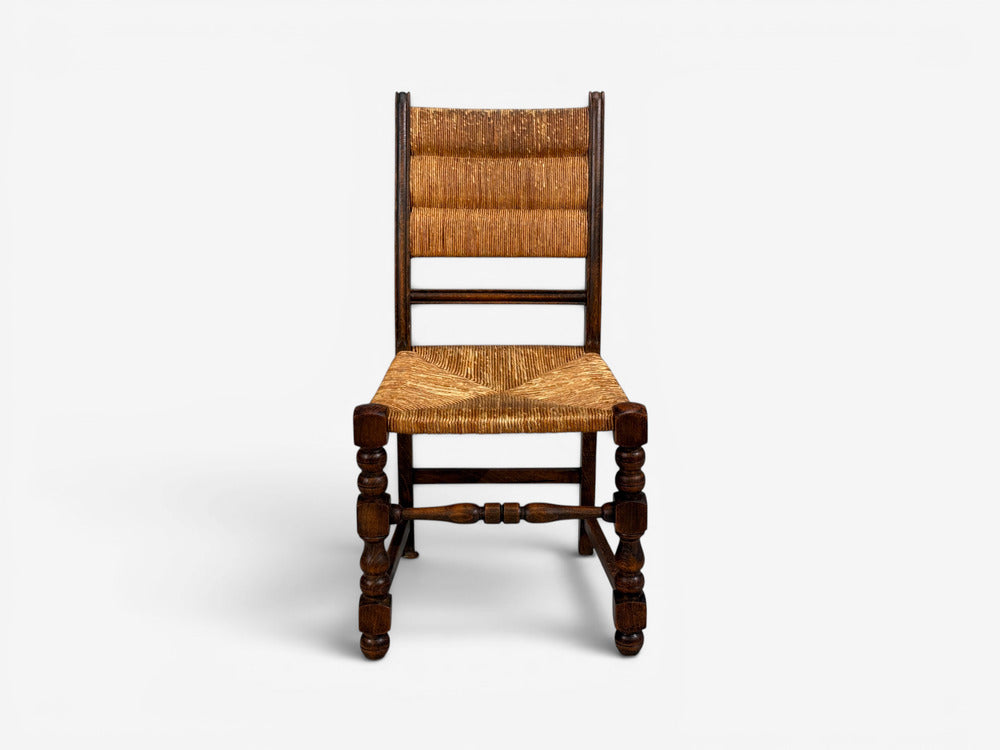 Charles Dudouyt Style, Eight Rustic Dining Chairs, Oak, Rush, France, 1940s