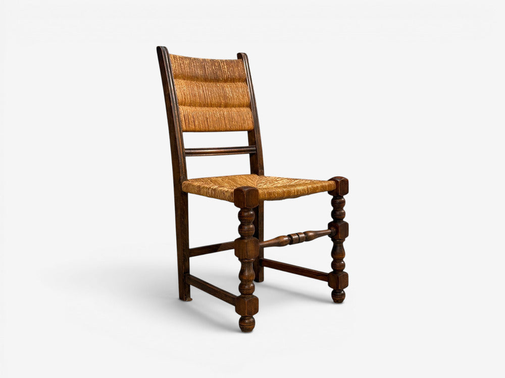 Charles Dudouyt Style, Eight Rustic Dining Chairs, Oak, Rush, France, 1940s
