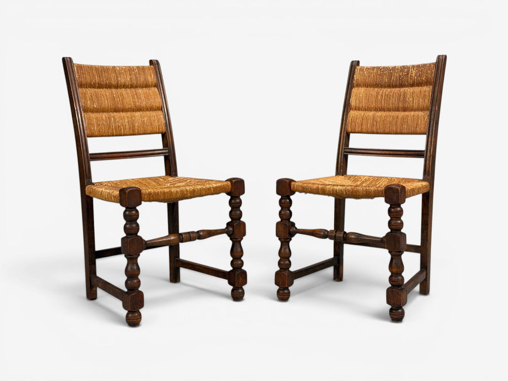 Charles Dudouyt Style, Eight Rustic Dining Chairs, Oak, Rush, France, 1940s