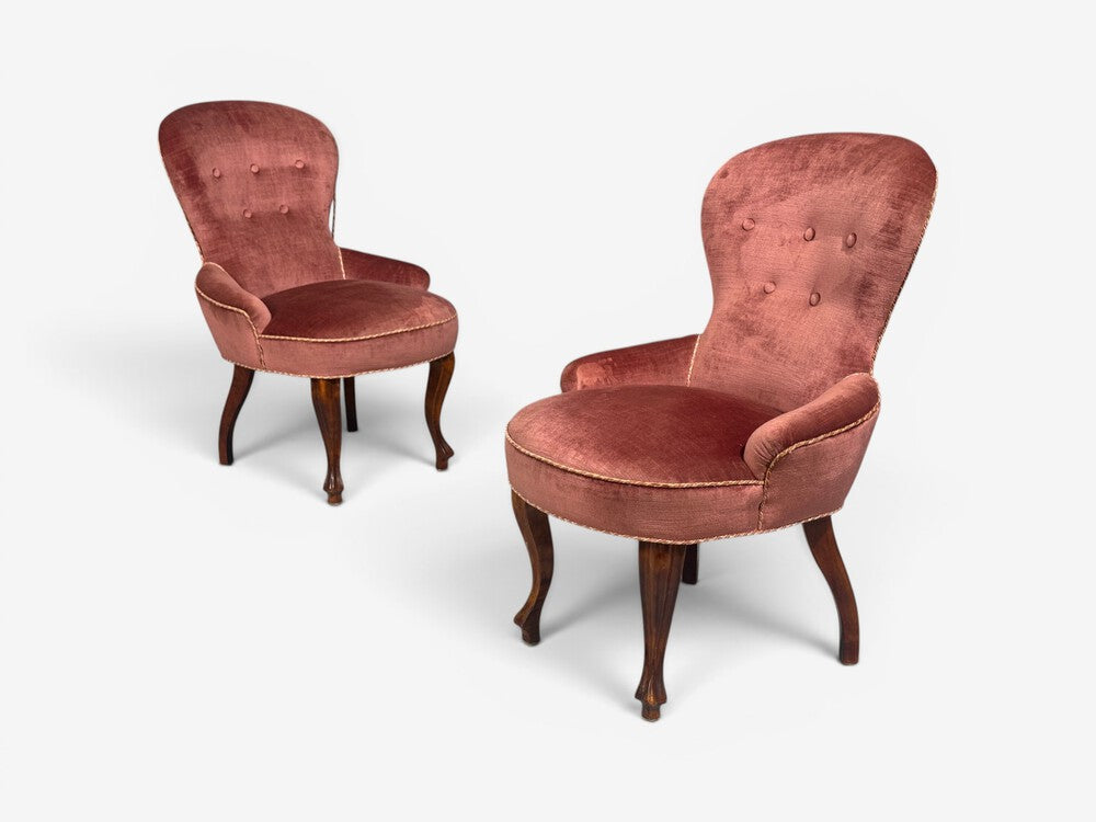 Swedish Modern, Traditional Slipper Chairs, Pink Velvet, Wood, Sweden, 1950s