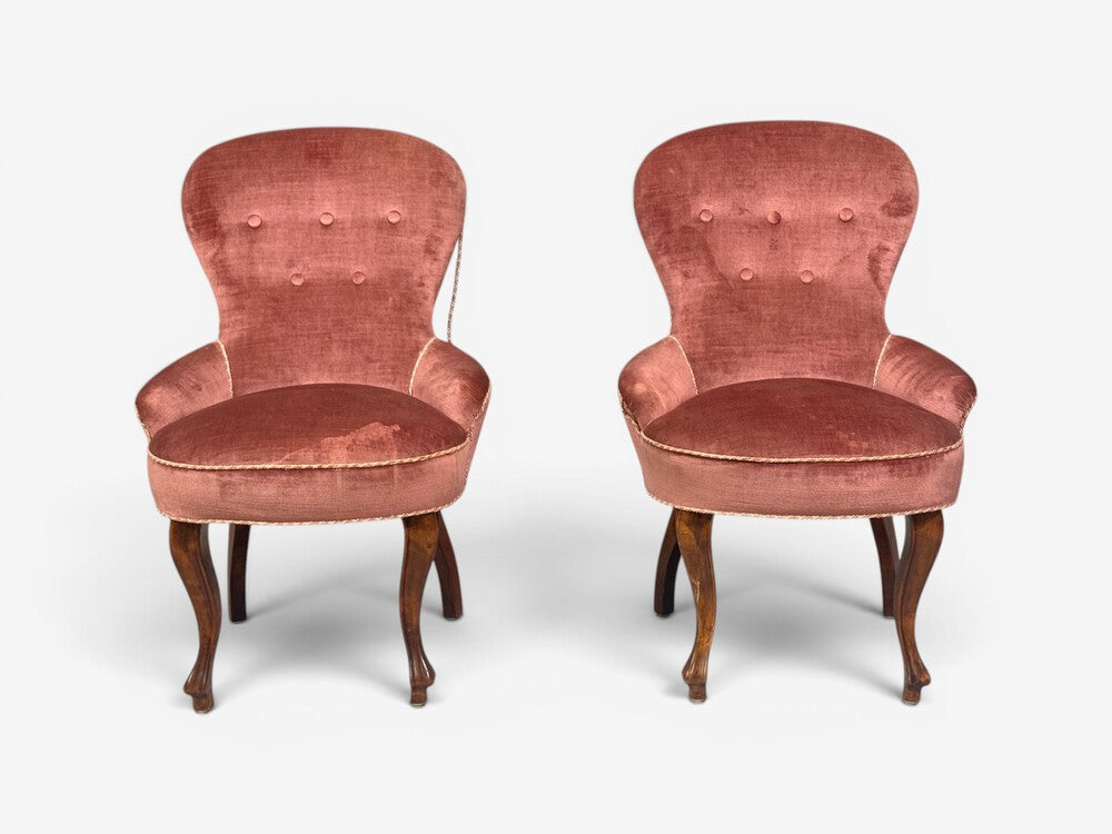 Swedish Modern, Traditional Slipper Chairs, Pink Velvet, Wood, Sweden, 1950s