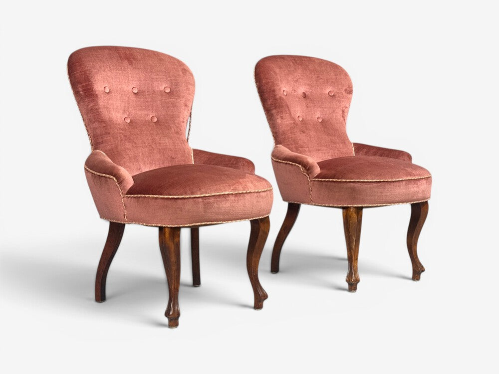 Swedish Modern, Traditional Slipper Chairs, Pink Velvet, Wood, Sweden, 1950s