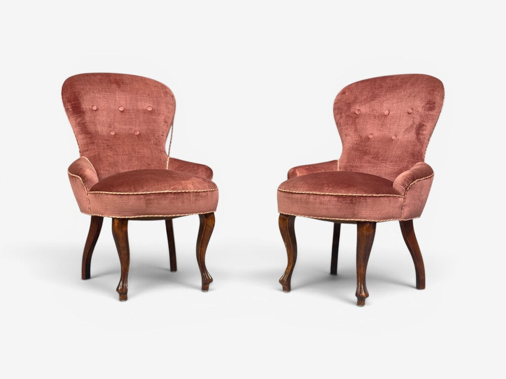 Swedish Modern, Traditional Slipper Chairs, Pink Velvet, Wood, Sweden, 1950s