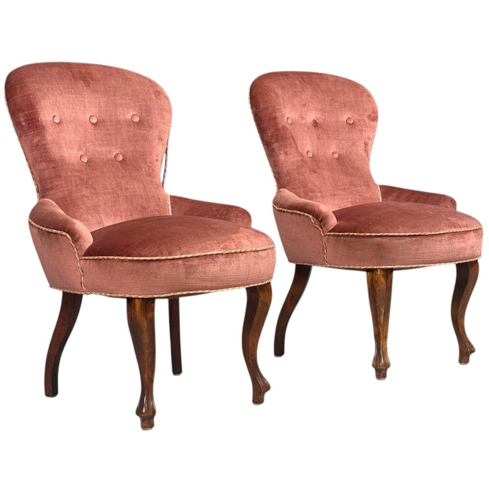 Swedish Modern, Traditional Slipper Chairs, Pink Velvet, Wood, Sweden, 1950s