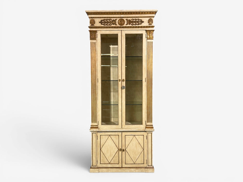 French Regency, Monumental Bookcases, Cream Painted Wood, Gilt, France, 19th c.