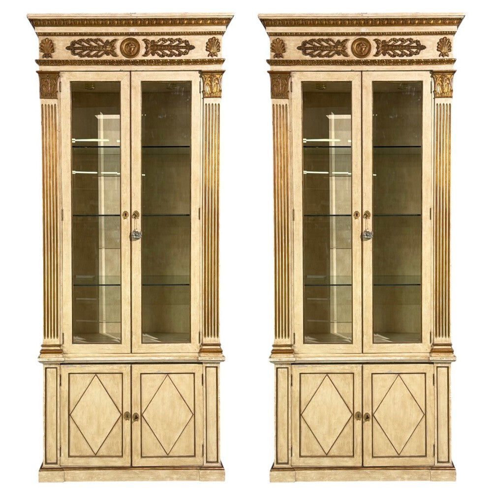 French Regency, Monumental Bookcases, Cream Painted Wood, Gilt, France, 19th c.
