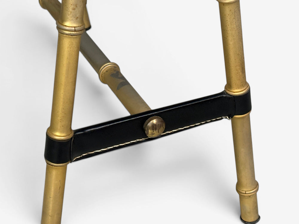 Jacques Adnet attr., Desk and Folding Chair, Black Leather, Brass, France, 1950s