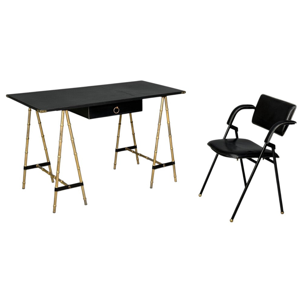 Jacques Adnet attr., Desk and Folding Chair, Black Leather, Brass, France, 1950s