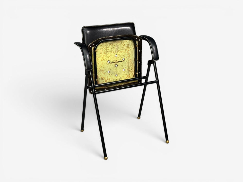 Jacques Adnet attr., Folding Chair, Black Leather, Brass, France, 1950s