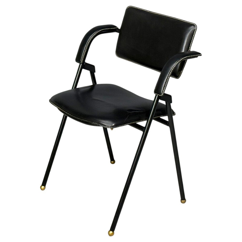 Jacques Adnet attr., Folding Chair, Black Leather, Brass, France, 1950s