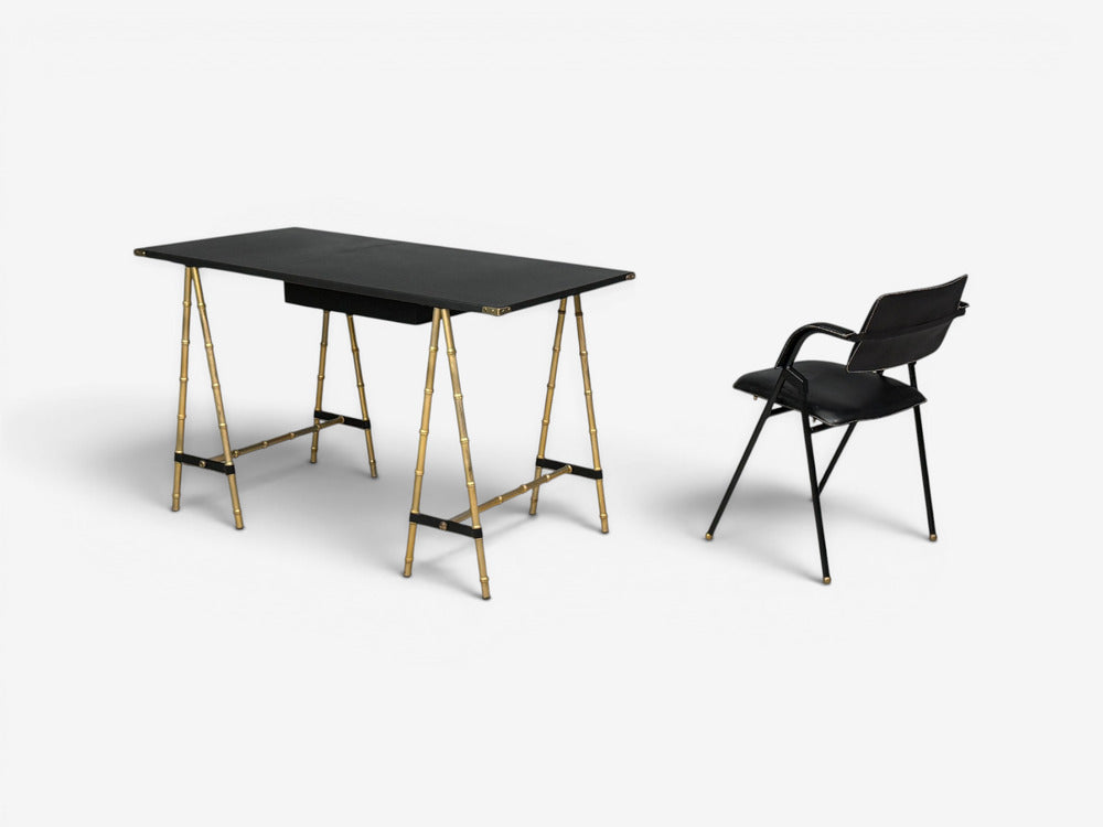 Jacques Adnet attr., Desk, Black Leather, Brass, France, 1950s