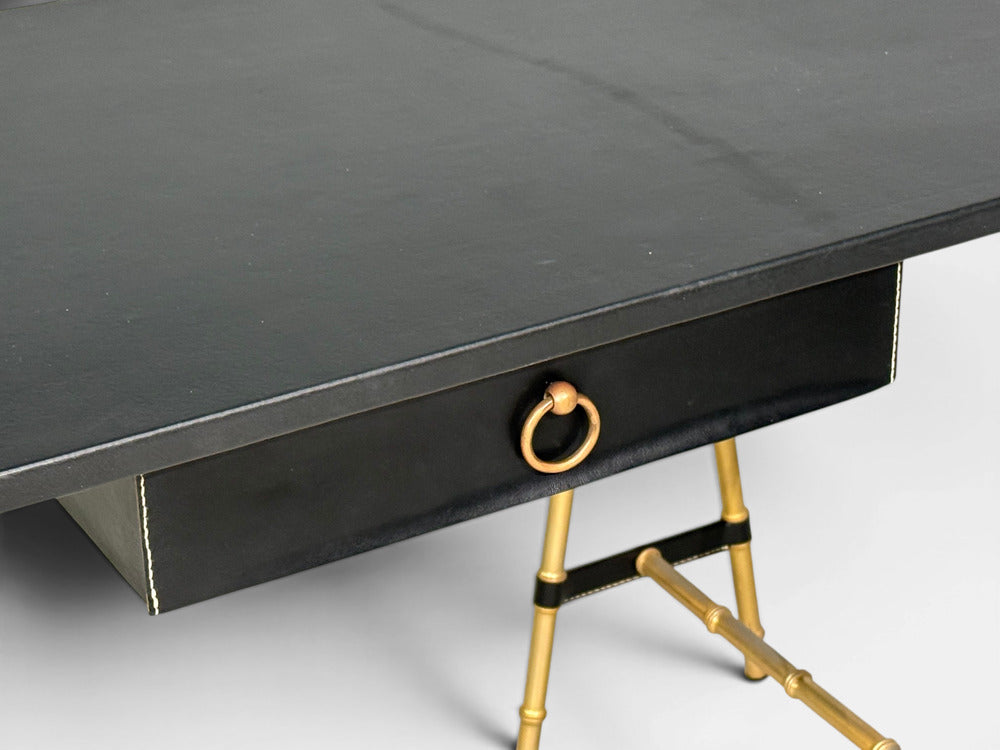 Jacques Adnet attr., Desk, Black Leather, Brass, France, 1950s