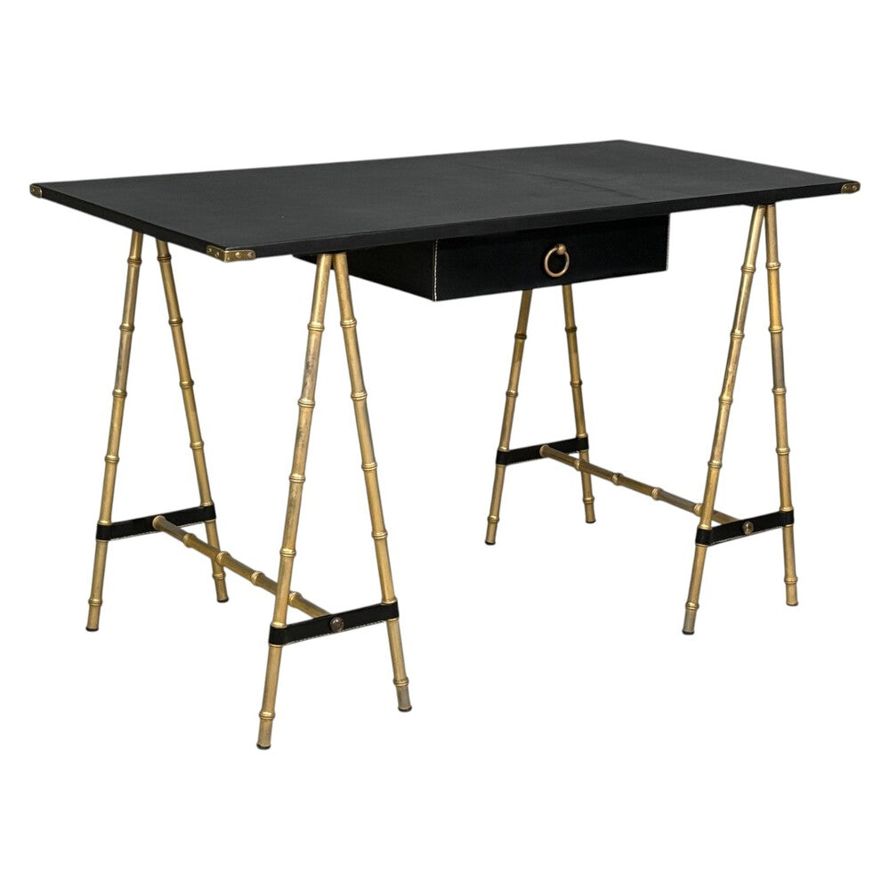 Jacques Adnet attr., Desk, Black Leather, Brass, France, 1950s