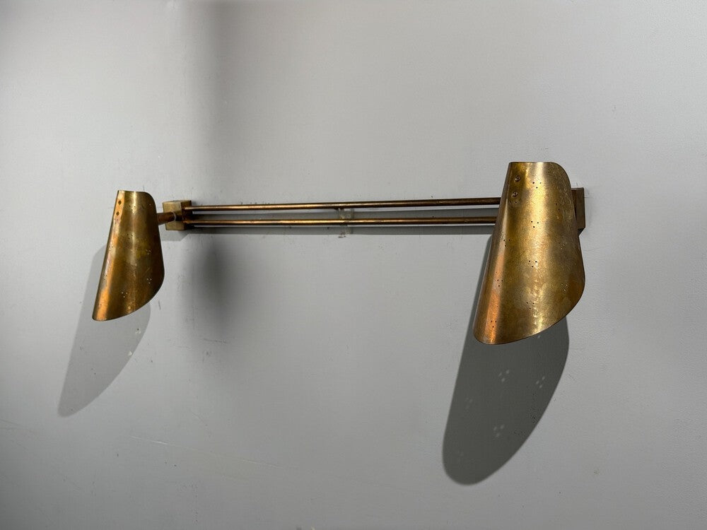 Paavo Tynell Style, Large Double Wall Sconce, Pierced Brass, Finland, 1950s