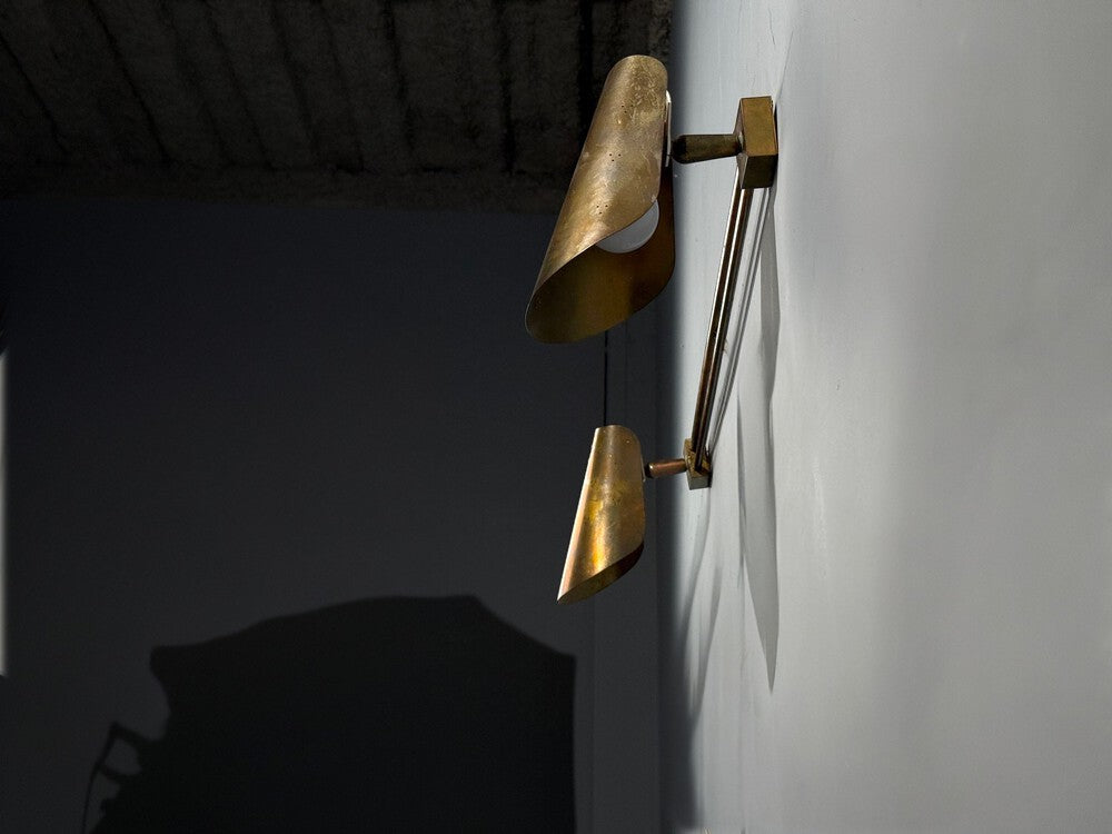 Paavo Tynell Style, Large Double Wall Sconce, Pierced Brass, Finland, 1950s