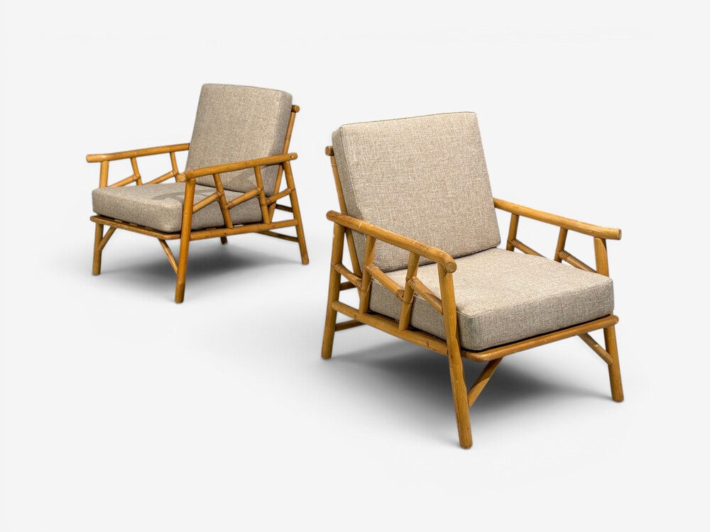 Ficks Reed, Lounge Chairs, Bamboo, Cane, Beige Tweed, USA, 1950s