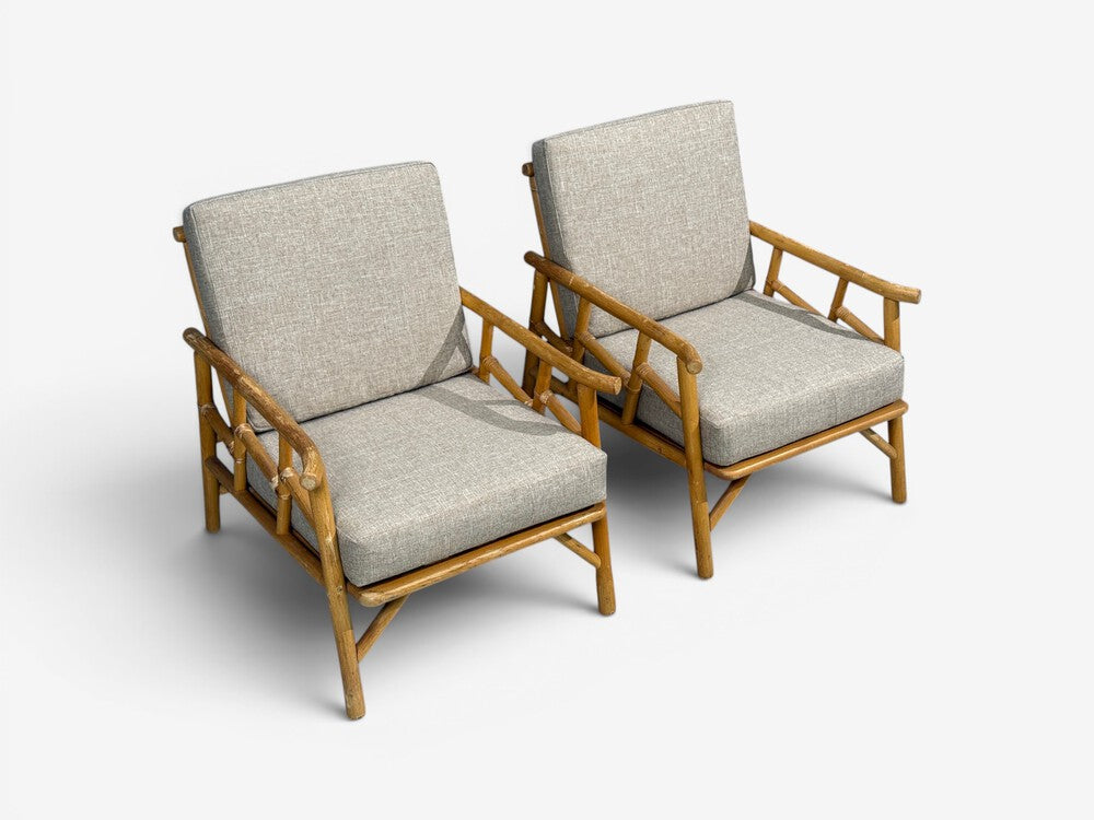 Ficks Reed, Lounge Chairs, Bamboo, Cane, Beige Tweed, USA, 1950s